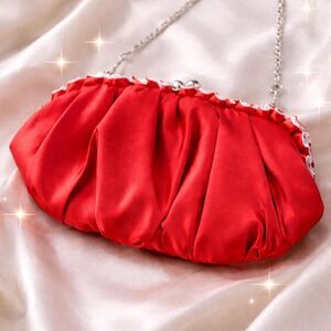 Red Satin Ruched Clutch Purse Y2K Evening Bag Chain Strap Ruffle